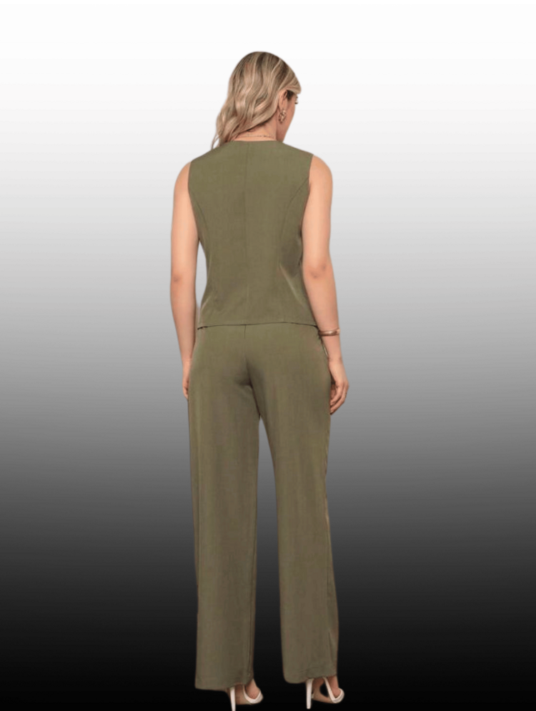 Women's Tailored Set Laria Vertical Vest With Long Trousers - Dark Green - View 4