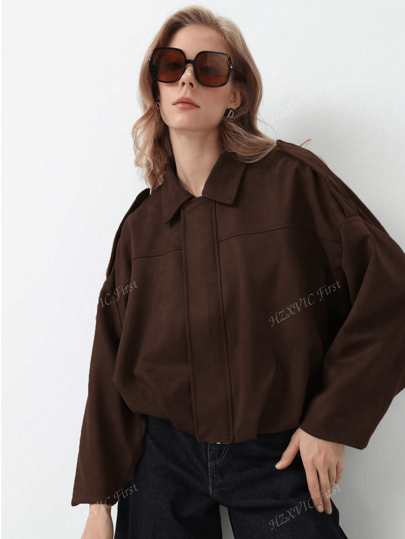 Giacca di tela nuova di primavera casual e comoda con texture in camoscio per signora
