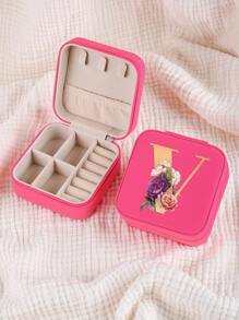 1pc Mini Floral Alphabet Jewelry Storage Box, A-Z Gold Letters, Portable Zipper Travel Jewelry Storage Box, Gift Box For Women, Multi-Function Jewelry Display Stand For Rings, Pendants, Earrings, Necklaces, Etc. - Suitable For Women, Mother, Girlfriend, Valentine's Day Gift Box.