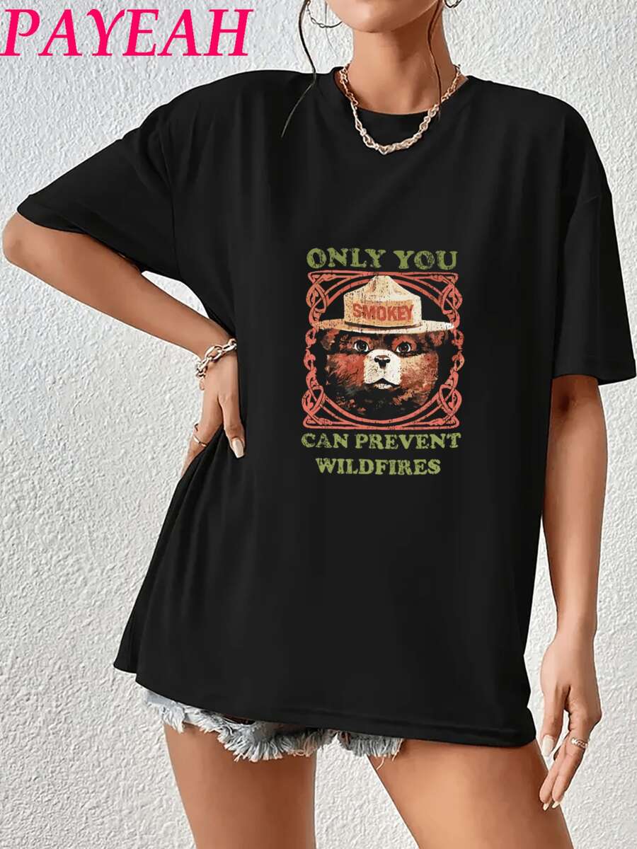Smokey Bear Graphic Digital Print T Shirt Women's 1pcs 100% Cotton Prevent Wildfires Theme Casual Tee Retro Style Summer 220g - Black - View 1