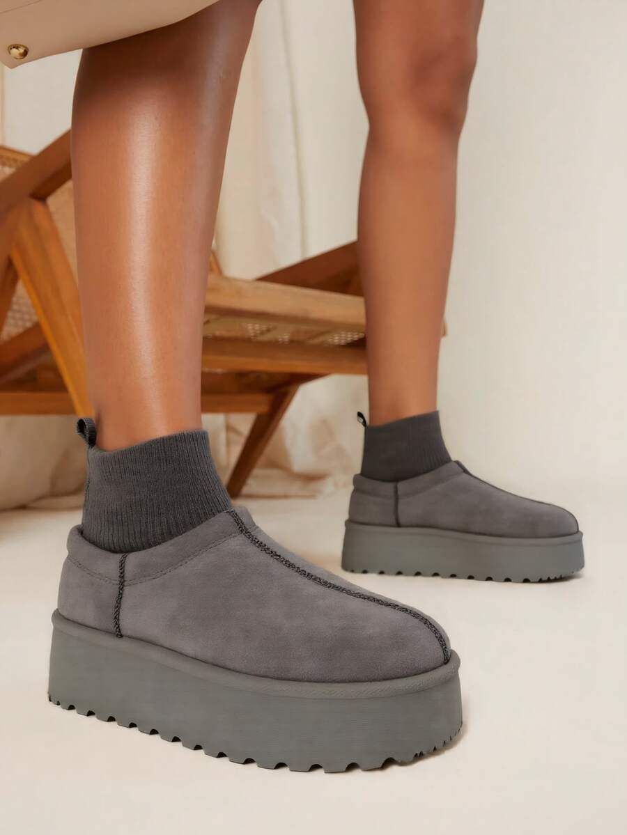 Women's Suede Platform Ankle Boots With Sock Design - Grey - View 1