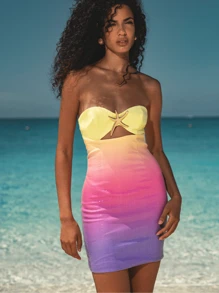 Women Y2K Sequin Starfish Tube Dress Strapless Low Cut Dress Sparkly Mini Bodycon Dresses For Summer Beachwear