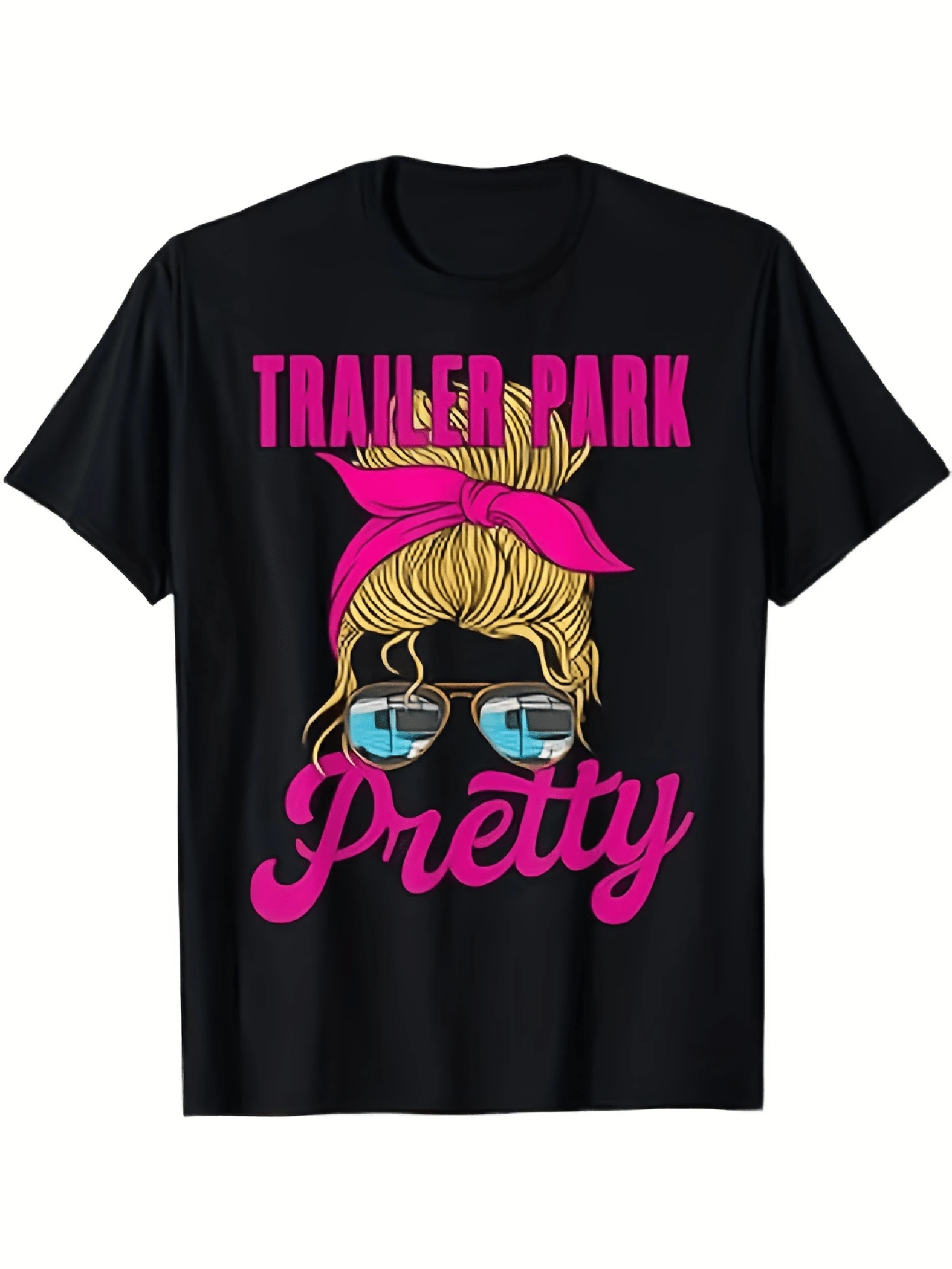 Trailer Park Pretty Graphic Tee - Funny Camper Girl Design With Fashion Glasses & Pink Headband, Black Casual Summer T-Shirt For Women, Machine WashableWomen's T-Shirt - Black - View 1