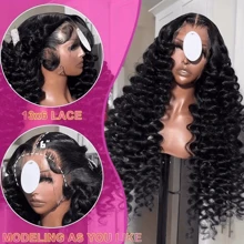 Peluca rizada de cabello humano con frente de encaje transparente HD de 34 pulgadas de 200 de densidad, onda profunda suelta, para mujeres, con línea de cabello natural y área de encaje HD suizo resistente al calor, atada a mano