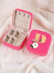 1pc Mini Floral Alphabet Jewelry Storage Box, A-Z Gold Letters, Portable Zipper Travel Jewelry Storage Box, Gift Box For Women, Multi-Function Jewelry Display Stand For Rings, Pendants, Earrings, Necklaces, Etc. - Suitable For Women, Mother, Girlfriend, Valentine's Day Gift Box.