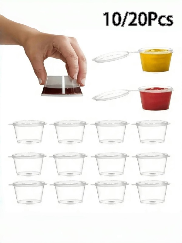 25ml/50ml/100ml Clear Plastic Condiment Jars With Lids, Leak Proof Plastic Condiment Souffle Containers With Attached Lids - Portion Cups, Leakproof, Reusable, Anti-Pollution And Odorless, Waterproof - Suitable For Catering, BBQs, Outdoor Activities, Airtight Salad Dressing Containers, Dipping Cups, Lunches, Parties, Travel, Kitchen Accessories