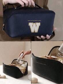 Bolsa de cosméticos de piel sintética impermeable, con bolsa de almacenamiento de cosméticos con letra, bolsa de cosméticos de gran capacidad y de doble capa, bolsa de mujer multifuncional para viajes, neceser, organización y almacenamiento de cosméticos, organización y almacenamiento del baño, esenciales para viajes, esenciales para cruceros, accesorios de viaje, almacenamiento de baño, almacenamiento de joyas, almacenamiento de labiales, almacenamiento de esmaltes de uñas, regalo de Pascua, regalo para dama de honor, regalo del Día de la Madre
