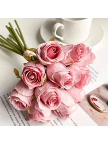 Ramo de 12 rosas de imitación, ramo de imitación realista, decoración de boda ramo de novia, arreglo floral para decoración de sala de estar y mesa, rosas falsas, decoración de centro de mesa familiar, decoración de mesa, hermosa decoración de habitación