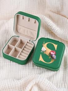 1pc Mini Floral Alphabet Jewelry Storage Box, A-Z Gold Letters, Portable Zipper Travel Jewelry Storage Box, Gift Box For Women, Multi-Function Jewelry Display Stand For Rings, Pendants, Earrings, Necklaces, Etc. - Suitable For Women, Mother, Girlfriend, Valentine's Day Gift Box.