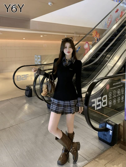 [Y6Y] 黑色二合一设计，Polo 领学院风OL休闲长袖衬衫裙，秋冬百褶短裙