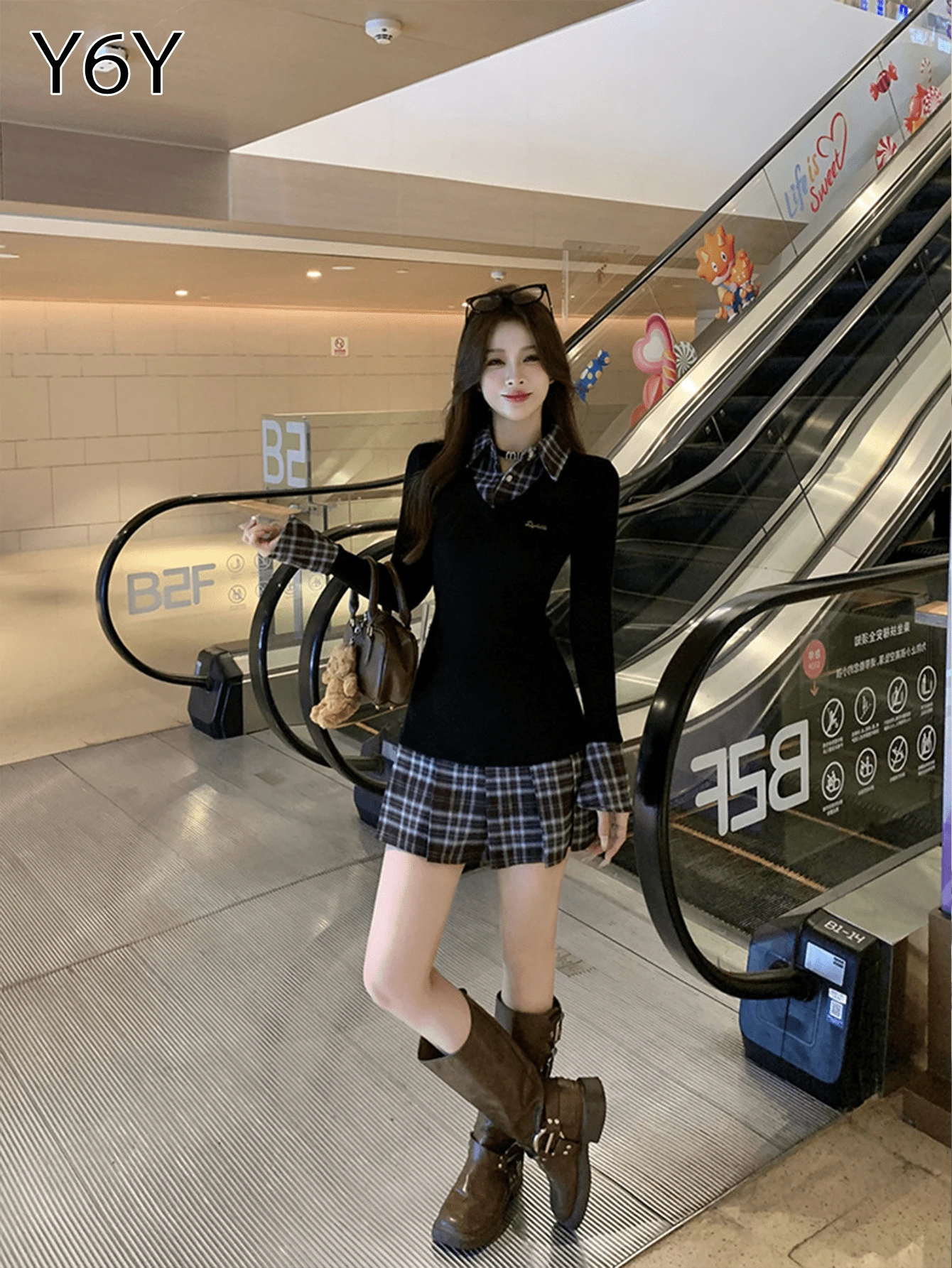 Y6Y 黑色二合一设计，Polo领学院风OL休闲长袖衬衫裙，褶裥短裙，适合秋冬季优雅春季穿着 - 黑色 - 查看 1