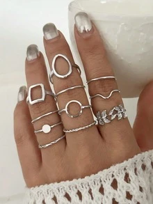 11 件几何叶指环套装，创意金属指节戒指，适合女性日常佩戴、婚礼、派对、节日、海滩、送给女朋友、妈妈或朋友的礼物 - 銀色 - 查看 2