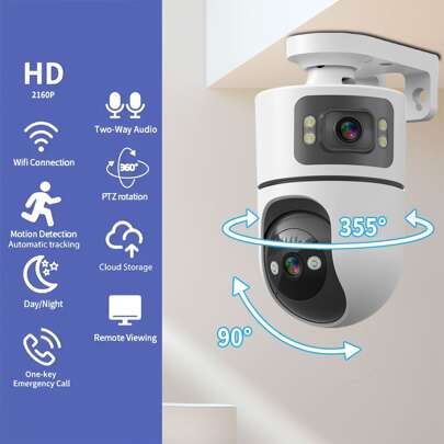 2MP+2MP Dual Lens WiFi Security Camera, Supports AI Human Tracking, Color Night Vision And Two-Way Audio, Suitable For Home Security - Perfect Gift