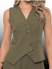 Women's Tailored Set Laria Vertical Vest With Long Trousers - 墨綠色 - 查看 3