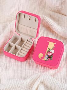 1pc Mini Floral Alphabet Jewelry Storage Box, A-Z Gold Letters, Portable Zipper Travel Jewelry Storage Box, Gift Box For Women, Multi-Function Jewelry Display Stand For Rings, Pendants, Earrings, Necklaces, Etc. - Suitable For Women, Mother, Girlfriend, Valentine's Day Gift Box.