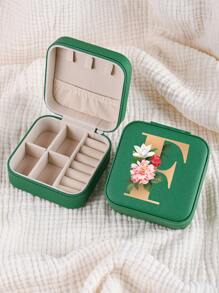1pc Mini Floral Alphabet Jewelry Storage Box, A-Z Gold Letters, Portable Zipper Travel Jewelry Storage Box, Gift Box For Women, Multi-Function Jewelry Display Stand For Rings, Pendants, Earrings, Necklaces, Etc. - Suitable For Women, Mother, Girlfriend, Valentine's Day Gift Box.