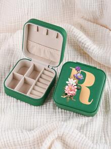 1pc Mini Floral Alphabet Jewelry Storage Box, A-Z Gold Letters, Portable Zipper Travel Jewelry Storage Box, Gift Box For Women, Multi-Function Jewelry Display Stand For Rings, Pendants, Earrings, Necklaces, Etc. - Suitable For Women, Mother, Girlfriend, Valentine's Day Gift Box.