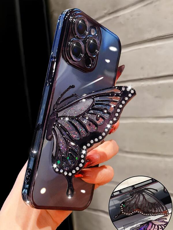 Luxury Electroplated Clear Black Phone Case With Butterfly Liquid Sand Stand Holder, Rhinestone Glitter Sparkle Style,Silicone Shockproof Soft Cover Compatible With IPhone 16/16e/16 Pro/16 Pro Max/16 Plus/15/14/13/12/11/X/XS/XR/8/7, Galaxy S25/S24/S23/S22/S21/A55/A54/A53/A52/A35/A34/A23/A16/A15/A14/A13/A12/A05S/FE/Ultra/4G/5G, And For Redmi/Honor/MOTO/OPPO/Infinix