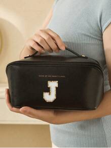 Bolsa de cosméticos de piel sintética impermeable, con bolsa de almacenamiento de cosméticos con letra, bolsa de cosméticos de gran capacidad y de doble capa, bolsa de mujer multifuncional para viajes, neceser, organización y almacenamiento de cosméticos, organización y almacenamiento del baño, esenciales para viajes, esenciales para cruceros, accesorios de viaje, almacenamiento de baño, almacenamiento de joyas, almacenamiento de labiales, almacenamiento de esmaltes de uñas, regalo de Pascua, regalo para dama de honor, regalo del Día de la Madre