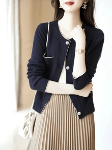 Elegant Women's French Retro Cardigan Sweater, Fashionable Versatile Knit Top With Contrast Trim, Casual Wear For Autumn/Winter - Navy Blue - View 5