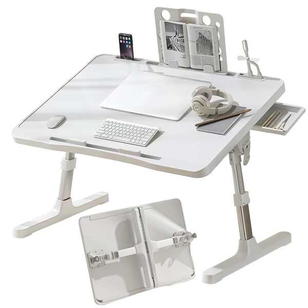 Laptoptisch am Bett, Sofa, Verstellbarer Klappbarer Nachttisch, Frühstückstablett, Tragbarer Weißer Kleiner Betttisch 60 * 40 * 27–39 cm, Fünfstufige Höhenverstellung, Zum Arbeiten, Lesen und Schreiben im Bett