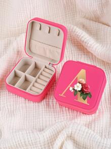 1pc Mini Floral Alphabet Jewelry Storage Box, A-Z Gold Letters, Portable Zipper Travel Jewelry Storage Box, Gift Box For Women, Multi-Function Jewelry Display Stand For Rings, Pendants, Earrings, Necklaces, Etc. - Suitable For Women, Mother, Girlfriend, Valentine's Day Gift Box.