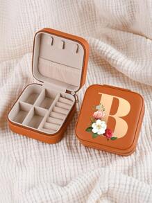 1pc Mini Floral Alphabet Jewelry Storage Box, A-Z Gold Letters, Portable Zipper Travel Jewelry Storage Box, Gift Box For Women, Multi-Function Jewelry Display Stand For Rings, Pendants, Earrings, Necklaces, Etc. - Suitable For Women, Mother, Girlfriend, Valentine's Day Gift Box.
