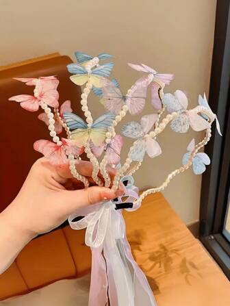Girls' Flowing Gradient Butterfly Headband, Adjustable Hair Accessories For Kids