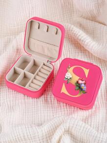 1pc Mini Floral Alphabet Jewelry Storage Box, A-Z Gold Letters, Portable Zipper Travel Jewelry Storage Box, Gift Box For Women, Multi-Function Jewelry Display Stand For Rings, Pendants, Earrings, Necklaces, Etc. - Suitable For Women, Mother, Girlfriend, Valentine's Day Gift Box.