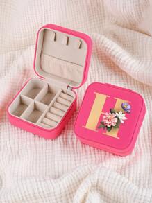 1pc Mini Floral Alphabet Jewelry Storage Box, A-Z Gold Letters, Portable Zipper Travel Jewelry Storage Box, Gift Box For Women, Multi-Function Jewelry Display Stand For Rings, Pendants, Earrings, Necklaces, Etc. - Suitable For Women, Mother, Girlfriend, Valentine's Day Gift Box.