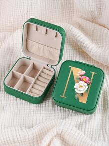 1pc Mini Floral Alphabet Jewelry Storage Box, A-Z Gold Letters, Portable Zipper Travel Jewelry Storage Box, Gift Box For Women, Multi-Function Jewelry Display Stand For Rings, Pendants, Earrings, Necklaces, Etc. - Suitable For Women, Mother, Girlfriend, Valentine's Day Gift Box.