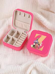 1pc Mini Floral Alphabet Jewelry Storage Box, A-Z Gold Letters, Portable Zipper Travel Jewelry Storage Box, Gift Box For Women, Multi-Function Jewelry Display Stand For Rings, Pendants, Earrings, Necklaces, Etc. - Suitable For Women, Mother, Girlfriend, Valentine's Day Gift Box.
