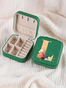 1pc Mini Floral Alphabet Jewelry Storage Box, A-Z Gold Letters, Portable Zipper Travel Jewelry Storage Box, Gift Box For Women, Multi-Function Jewelry Display Stand For Rings, Pendants, Earrings, Necklaces, Etc. - Suitable For Women, Mother, Girlfriend, Valentine's Day Gift Box.