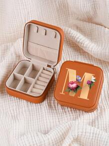 1pc Mini Floral Alphabet Jewelry Storage Box, A-Z Gold Letters, Portable Zipper Travel Jewelry Storage Box, Gift Box For Women, Multi-Function Jewelry Display Stand For Rings, Pendants, Earrings, Necklaces, Etc. - Suitable For Women, Mother, Girlfriend, Valentine's Day Gift Box.