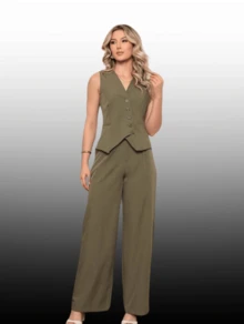 Women's Tailored Set Laria Vertical Vest With Long Trousers - 墨綠色 - 查看 1