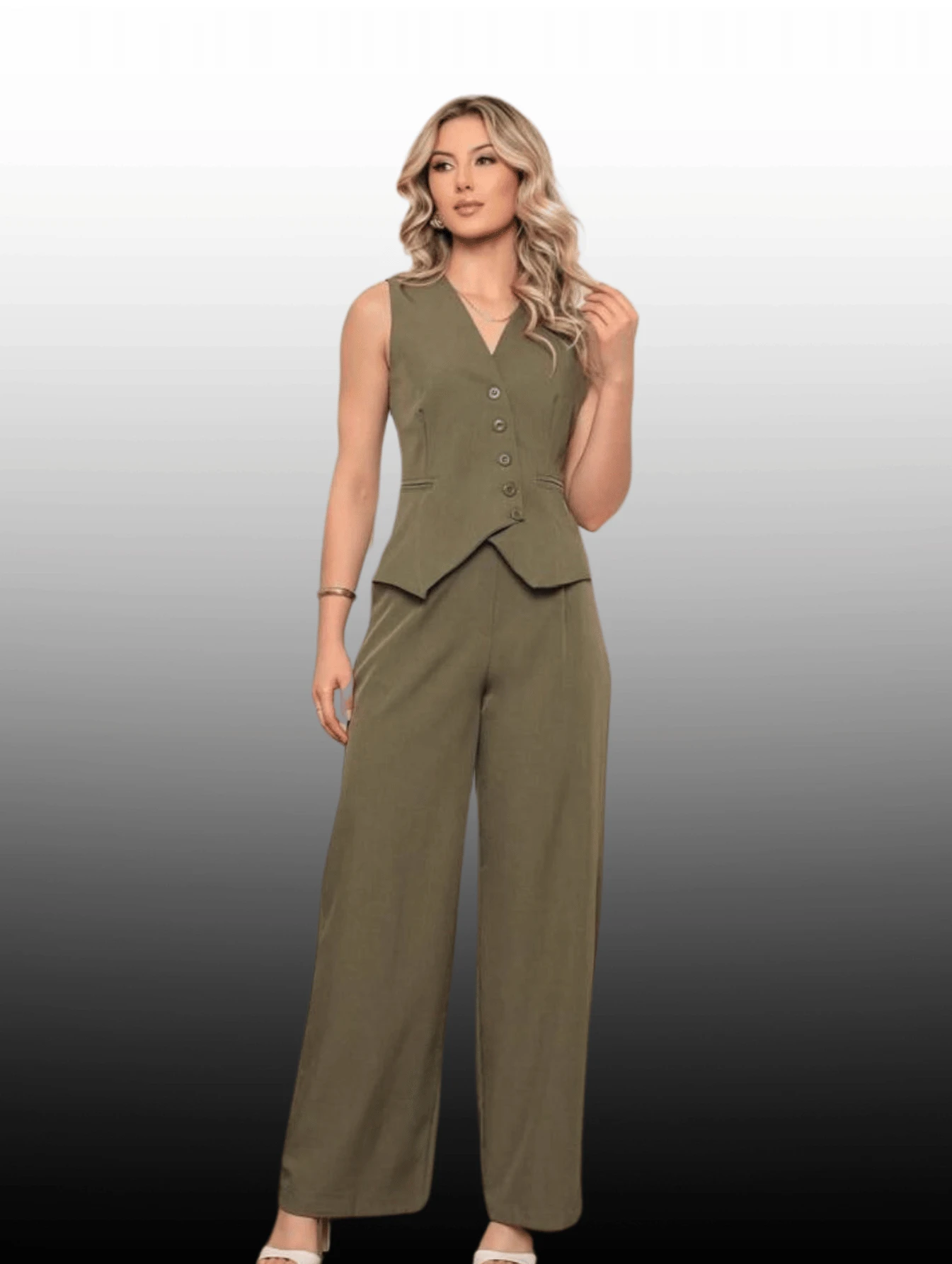 Women's Tailored Set Laria Vertical Vest With Long Trousers - 墨綠色 - 查看 1