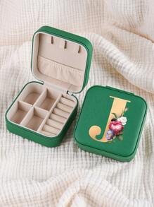 1pc Mini Floral Alphabet Jewelry Storage Box, A-Z Gold Letters, Portable Zipper Travel Jewelry Storage Box, Gift Box For Women, Multi-Function Jewelry Display Stand For Rings, Pendants, Earrings, Necklaces, Etc. - Suitable For Women, Mother, Girlfriend, Valentine's Day Gift Box.
