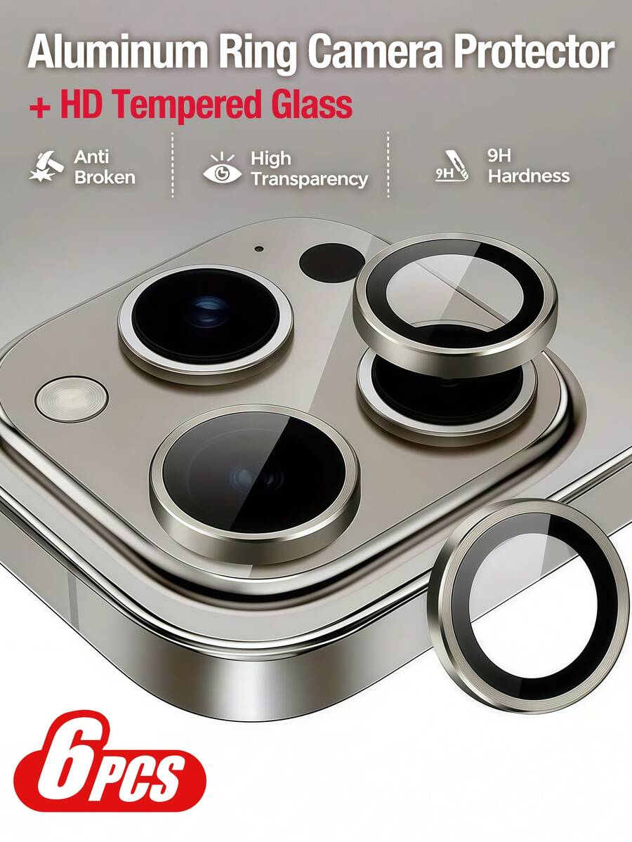 Yezodawee 6 Pack Lens Protective Film Independent Metal Ring 9H Hardness Anti-Scratch Protective Film Fashion Suitable For Mobile Phone Case (Gray), Ultra Clear Tempered Glass Camera Lens Protector, 9H Tempered Glass Metal Individual Ring Cover Compatible With Iphone 16e 14 15 16 16plus Pro/Pro Max 11 12 13 Gift For Birthday, Family, Friends Alloy Metal With Tempered Glass Full Cover, Lens Protector, Phone Accessories - 6pcs - View 1