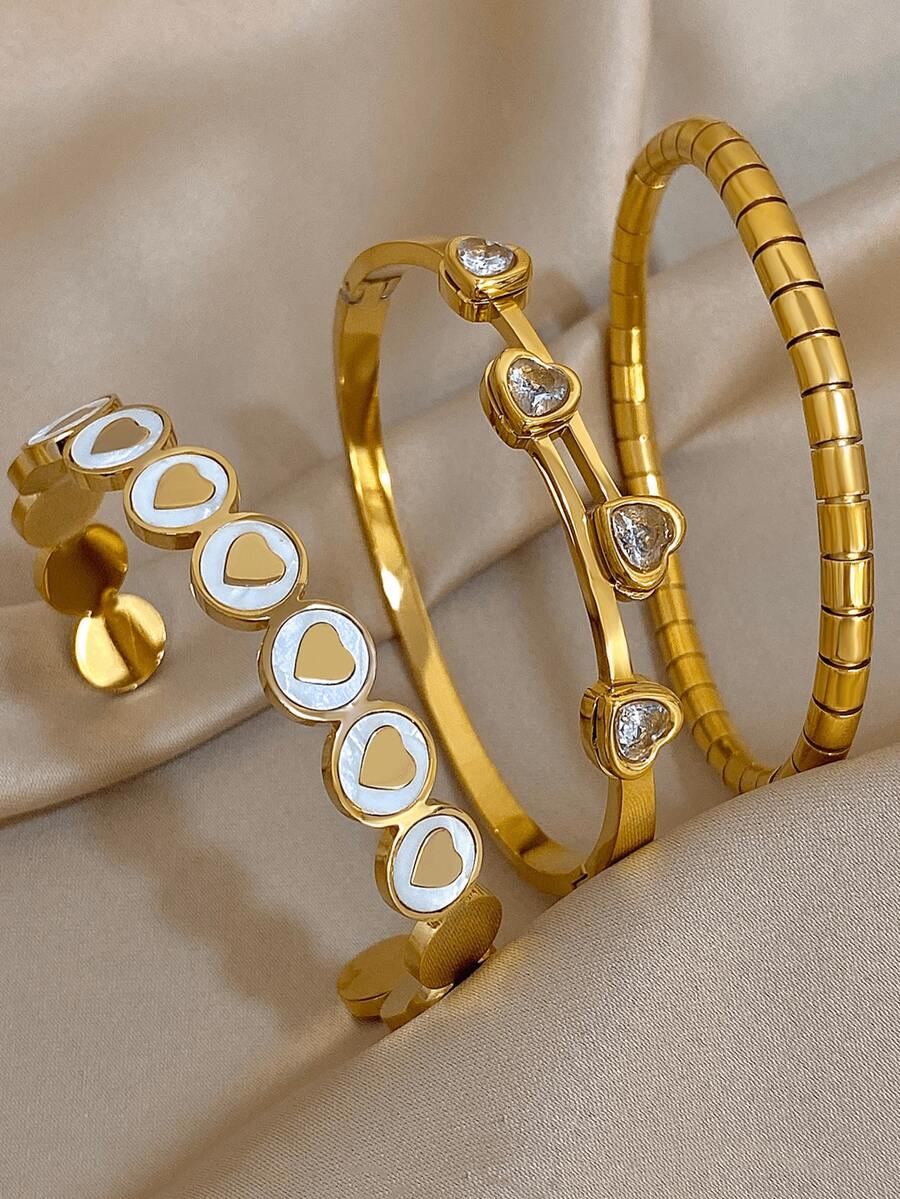 18 Karat vergoldetes Herz Armreif Set für Frauen - Elegante CZ & strukturierte Herz Armbänder, romantisches stapelbares Schmuckset, Muttertagsgeschenk, Geschenk zum Schulanfang, Halloween Geschenk, Lehrergeschenk, Boho Sommer Strand Reise Party Essentiell, Rave/Prom/Party/Alltags Accessoire, goldgelber Schmuck, Geburtstagsgeschenk - Verschiedenfarbig - Übersicht 1