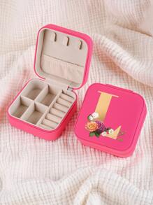 1pc Mini Floral Alphabet Jewelry Storage Box, A-Z Gold Letters, Portable Zipper Travel Jewelry Storage Box, Gift Box For Women, Multi-Function Jewelry Display Stand For Rings, Pendants, Earrings, Necklaces, Etc. - Suitable For Women, Mother, Girlfriend, Valentine's Day Gift Box.