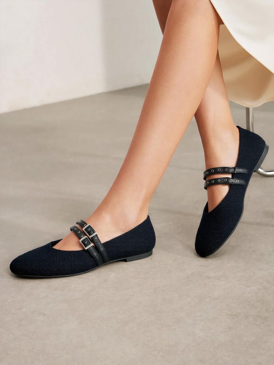 RevReaL Glitter Mary Jane Flats With Double Straps - Black - View 1