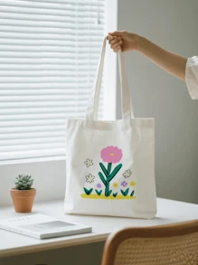 1pc Plant Flower Simple Fashion Canvas Print Handbag Shoulder Bag Tote Bag, Portable Storage Bag, Gift Packaging Bag, Laundry Bag, School Use, Home Decoration, Book Notebook Storage Bag, Snack Bag, Gift Storage Bag, Daily Necessities Storage Bag, Travel Storage Bag, Birthday Gift, Teacher Gift, Back To School Gift, Graduation Gift, Thanksgiving Gift, Christmas Gift, New Year Gift, Gift Essential, Washable And Reusable