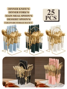 25 件不锈钢陶瓷柄餐具套装，包含刀、叉、勺、茶匙和餐具架，适用于家庭厨房、餐厅、酒店、节日派对、婚礼、学校用品 - 彩色 - 查看 10
