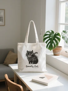 1pc Fashion "Smelly Cat" Printed Canvas Women's Handbag Shoulder Bag Tote Bag - Large Single Shoulder Handbag With Fixed Strap, Perfect For Shopping, Beach, Work, Travel, Fitness, Grocery And Outdoor Activities, Beach Tote Bag | Playful Printed Tote Bag | Sturdy Handle Handbag, Back To School Gift, Graduation Gift, Birthday Gift, Thanksgiving Gift, Teacher Gift, Christmas Gift, New Year Gift, First Choice Gift, Washable And Reusable