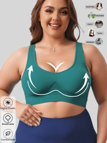 1pc Seamless Wireless & Non-Padded Lift Supportive Adjustable Yoga Sleep Comfort Side Gather Plus Size Sports Bra, Racerback