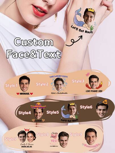 10pcs/20pcs/30pcs/60pcs Custom Temporary Tattoo Stickers – Personalized & Colorful Designs For Birthday Parties, Weddings, Graduations, BBQs, Holidays & More, Bachelorette Party Decorations, Funny Face Cutouts, Surprise Gifts For Her/Him, Creative Party Favors For Celebrations & Festivals