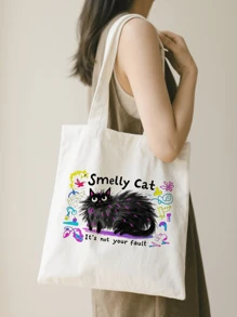 1pc Fashion "Smelly Cat" Printed Canvas Women's Handbag Shoulder Bag Tote Bag - Large Single Shoulder Handbag With Fixed Strap, Perfect For Shopping, Beach, Work, Travel, Fitness, Grocery And Outdoor Activities, Beach Tote Bag | Playful Printed Tote Bag | Sturdy Handle Handbag, Back To School Gift, Graduation Gift, Birthday Gift, Thanksgiving Gift, Teacher Gift, Christmas Gift, New Year Gift, First Choice Gift, Washable And Reusable