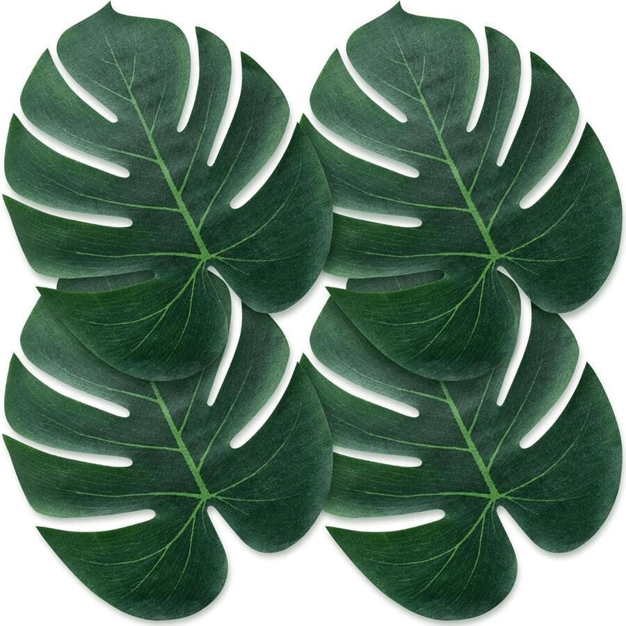 4 件热带棕榈叶仿真龟背叶，人造植物夏威夷派对丛林海滩装饰，适用于派对装饰、户外婚礼装饰