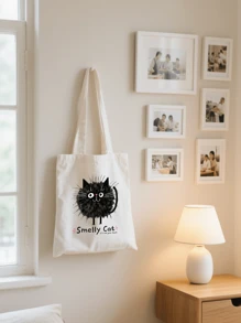 1pc Fashion "Smelly Cat" Printed Canvas Women's Handbag Shoulder Bag Tote Bag - Large Single Shoulder Handbag With Fixed Strap, Perfect For Shopping, Beach, Work, Travel, Fitness, Grocery And Outdoor Activities, Beach Tote Bag | Playful Printed Tote Bag | Sturdy Handle Handbag, Back To School Gift, Graduation Gift, Birthday Gift, Thanksgiving Gift, Teacher Gift, Christmas Gift, New Year Gift, First Choice Gift, Washable And Reusable
