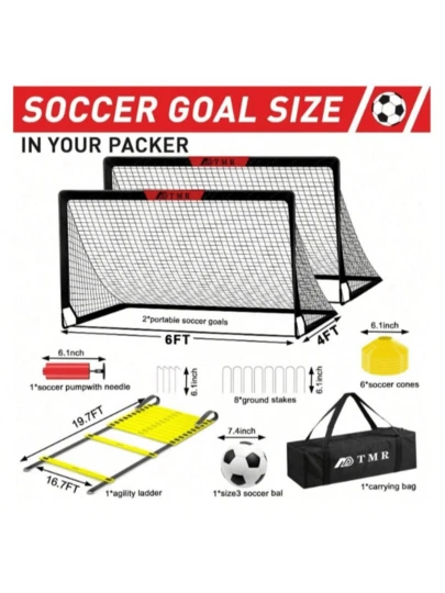 Un juego de portería negra: dos redes de fútbol para patio trasero de 6 x 4 pies, equipo de entrenamiento de portería de fútbol portátil emergente con fútbol, cono y bolsa para deportes.